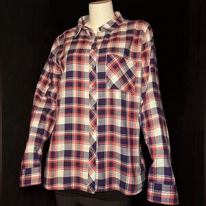 Banana Republic Plaid orange, blue and white flannel-look, button down, Size med